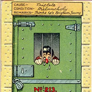 Comic postcard, Man behind bars. In the Asylum - Triplets. Date: 20th century
