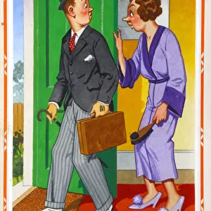 Comic postcard, Man leaving for work in the morning - I see the man next door kisses his