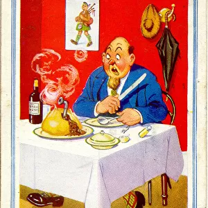Comic postcard, Man in a restaurant with haggis Date: 20th century