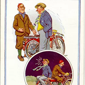 Comic postcard, Two men with motorcycle - rear light Date: 20th century