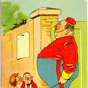 Comic postcard, Plump soldier and two boys Date: 20th century