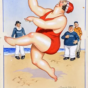 Comic postcard, Plump woman dancing on the beach, watched by three sailors Date
