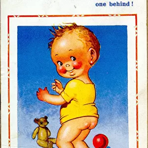 Comic postcard, Toddler with teddy bear and ball Date: 20th century