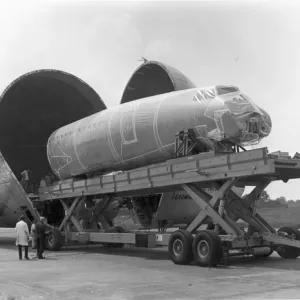 A Concorde forward fuselage loaded into Airbus Super Guppy