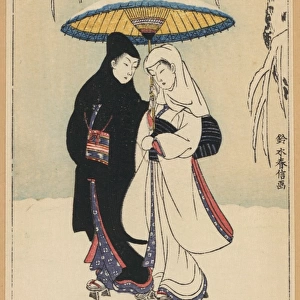 Couple under umbrella in the snow (crow and heron)