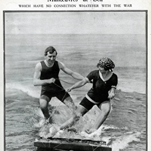 Couple water-planing on a wooden raft