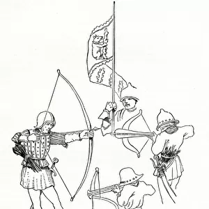 Crossbow-man (right), pavisier (man firing from behind an oblong shield or pavise