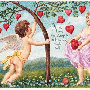 Cupid and fairy with red hearts on a Valentine postcard