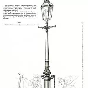Decorative cast iron electric lamp pillar with drinking fountain for horses and driver, dog trough optional. Date: 1906