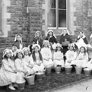 Edwardian schoolchildren dressed as milkmaids, Mid Wales