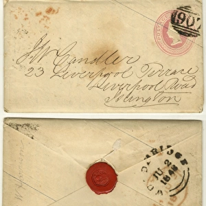 Envelope with sealing wax and one penny stamp, 1848