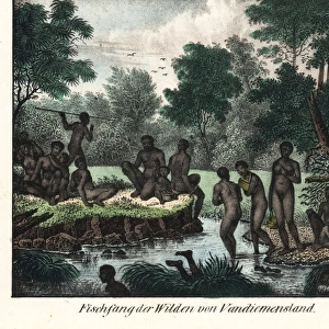 Extinct Palawa or Palervar aborigines fishing
