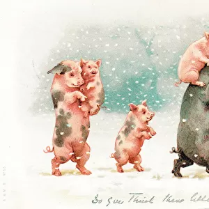 Family of pigs in the snow on a Christmas postcard