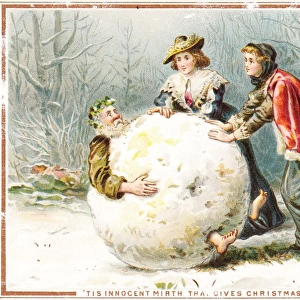 Father Christmas in large snowball on a Christmas card