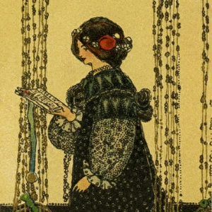Finely dressed lady with a book