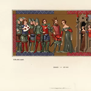 French knights and ladies in front of a castle, 14th century