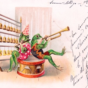 Three frogs playing music on a French greetings postcard