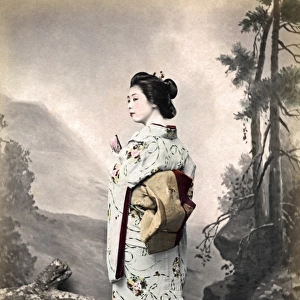 Geisha in kinomo showing obi sash, Japan, circa 1890