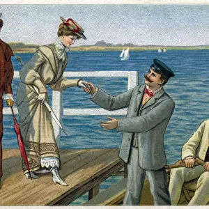 Gentleman assists a lady to board a small rowing boat