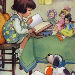 Girl reading to her dolls