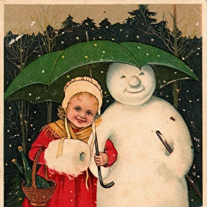 Girl with snowman on a Russian Christmas postcard