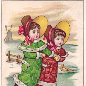 Two girls skating on a Christmas card