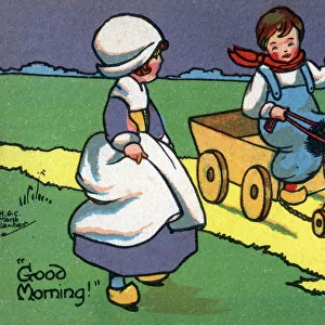 Good Morning! A Young Dutch Boy greets his girl and suggests a ride in his hobby horse-drawn cart