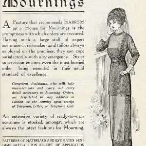 Harrods mail order service for mourning costumes. Date: 1909