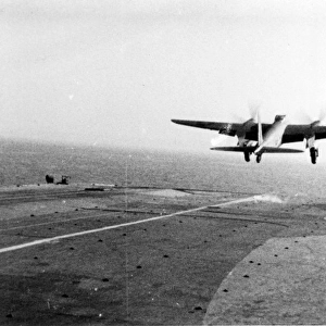 A de Havilland Mosquito taking-off from a carrier deck
