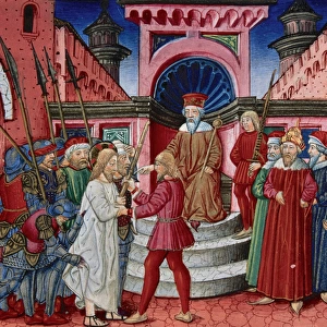 Herod interrogates Jesus. Codex of Predis (1476). Italy