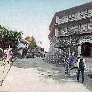 Hotel and rickshaw, Taradzuki, Kobe, Japan, circa 1890s