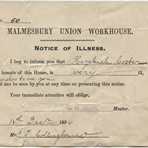 Illness Notice, Malmesbury Workhouse, Wiltshire