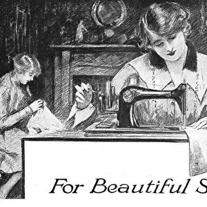 Illustration of a family of women sewing at home, the centre figure using a sewing machine. Advert for Dewhurst's Sylko Machine Twist Date: 1918