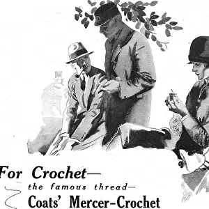 Illustration of a lady in a cloche hat working on her crochet while sitting outdoors while the men have a conversation. Advert for Coats Mercer Crochet. Date: 1920s