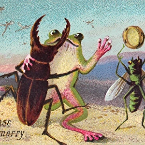 Two insects and a frog on a Christmas card