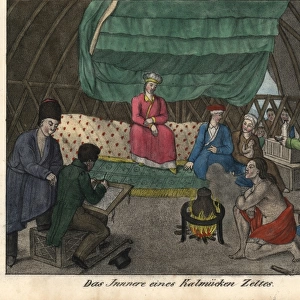 Kalmyk people inside a tent or gher, drinking