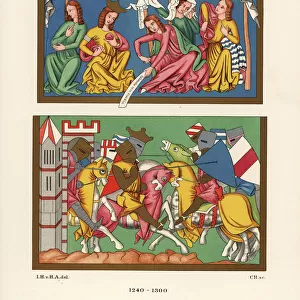 King and courtiers, battle scene, 13th century