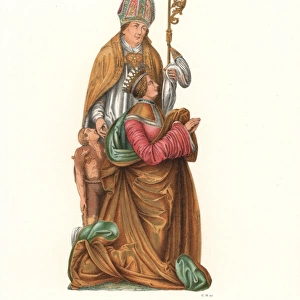 Kneeling woman with her patron saint standing behind her