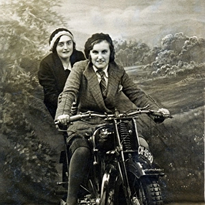 Ladies on a 1929 Coventry Eagle motorcycle