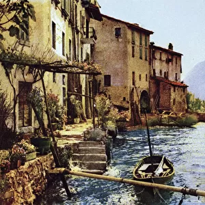 Lakeside scene with cottages, Italian-Swiss region