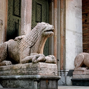 Lions sculptures. Northern transept. Cremona Cathedral