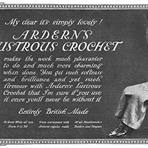Two models discuss the simply lovely crochet yarn, an advert for Ardern's Lustrous Crochet Date: 1918