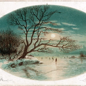 Moonlit scene with skaters on a Christmas card