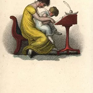 Mother teaching her child to write at a writing desk