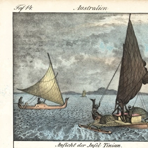 Natives fishing in outriggers off Tinian Island, Marianas