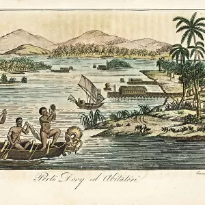 Natives in an outrigger canoe, Dory harbour