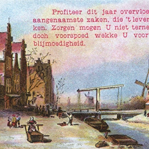 New Years card with windmill and canal, Netherlands