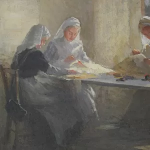 Three nurses sewing at a table, WW1