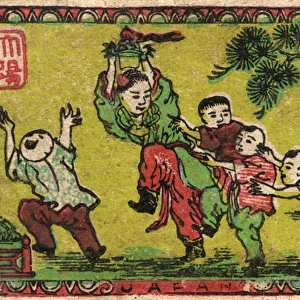 Old Japanese Matchbox label with children playing