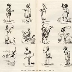 Two page spread from The Graphic depicting humorous types seen in India. Date: 1878